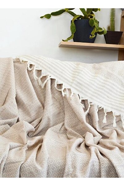 9Renk Husa pentru canapea extensibila din bumbac Culoare bej cu franjuri 200 X 220 cm Dimensiunea canapelei nu se aluneca