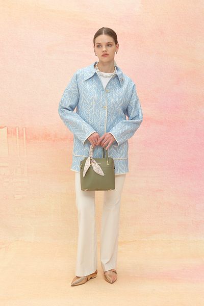 Nihan Brooch Detailed Jacquard Jacket Blue