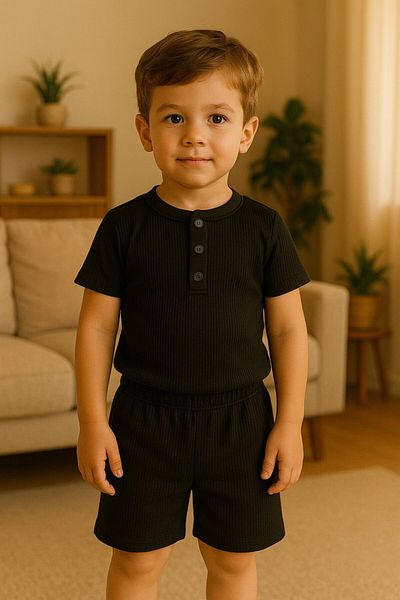 MİNYON BABY 100% Cotton Soft Textured Waffle Fabric Button Detailed T-Shirt Shorts Boys' Set