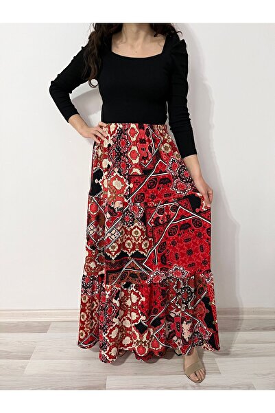 520CK Women's Ethnic Patterned Ruffled Long Skirt - Hijab Skirt