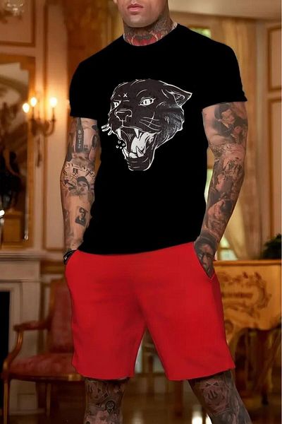 NO 601 Men's Black Tiger Printed Oversize Tshirt Red Short Set
