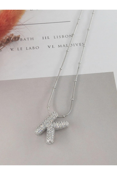 İNN JEWELLERY Kararmaz Çelik Zirkon Taşlı Balon Kolye-Gümüş Renk