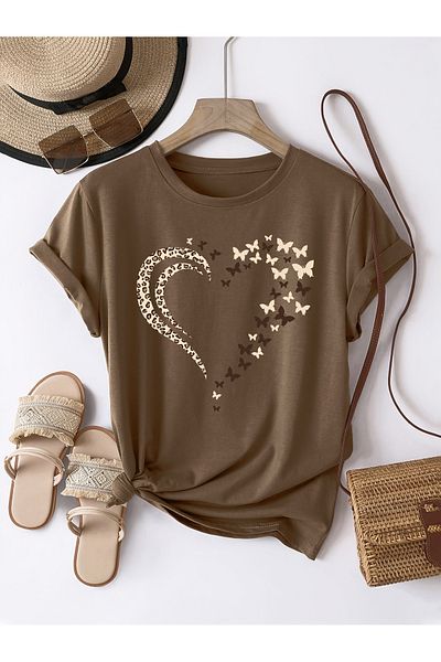 uyguntarz Μπλουζάκι με στάμπα Unisex Leopard Butterfly Heart Design