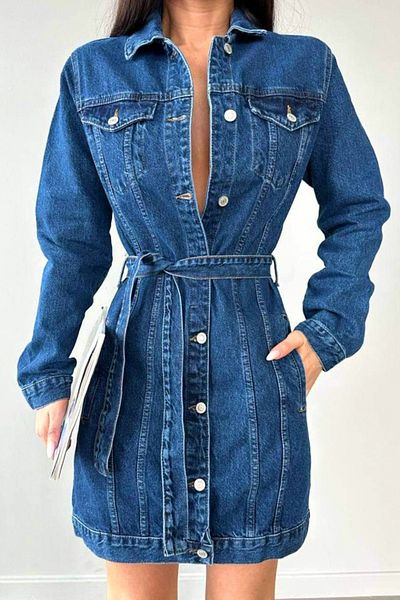 FashionForYou Rochie de vară FERRA din denim, cu șnur de strângere și buzunare oblice, Albastră, S