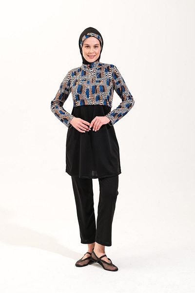 Plistre 2156_Women Patterned Full Covered 3 Piece Set Sea/Pool Hijab Swimsuit