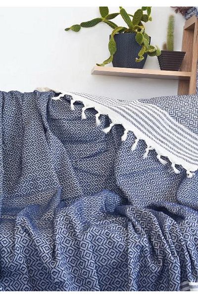 9Renk Cotton Sofa Sofa Bed Cover Navy Blue Color with Fringes 200 X 220 cm Size Sofa Does Not Slip