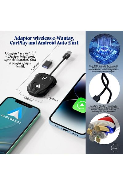 e-Wantay Wireless ® Carplay & Android Auto 2 In 1 Adapter, Usb/type-c, Plug & Play, Auto Connect
