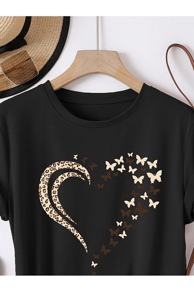 uyguntarz Unisex-T-Shirt mit Leoparden-Schmetterlings-Herz-Design, bedruckt