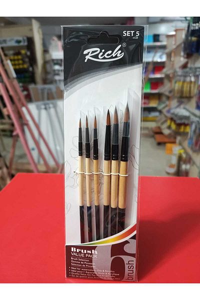 Rich Detail Brush Set Round Tip Quality Synthetic 6 Pcs Suitable for Oil-Acrylic-Gouache-Watercolor