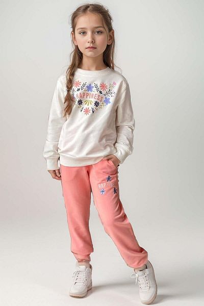 Riccotarz Happiness Printed Salmon Sweatshirt and Double Pocket Tracksuit Set for Girl