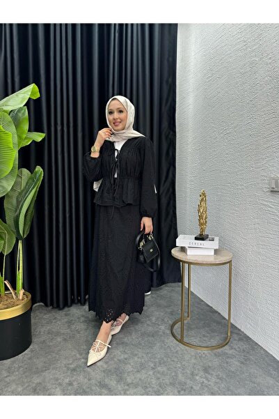 MEYSADESİGN Bow Tie-Up Scallop Skirt Suit Black