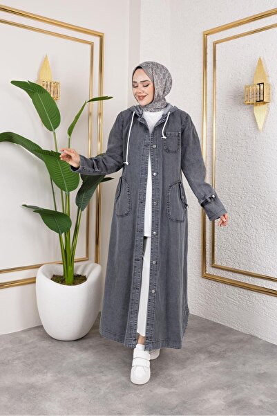 HARMAN BUTİK Kadın Cepli Düğmeli Kapüşonlu Denim Kot Trençkot