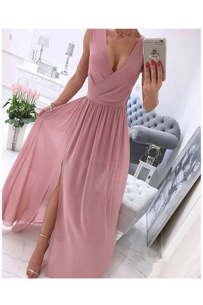 modaserdem Women's Chiffon Fabric V-Neck Zero Sleeve Long Night-Graduation-Wedding-Evening Dress