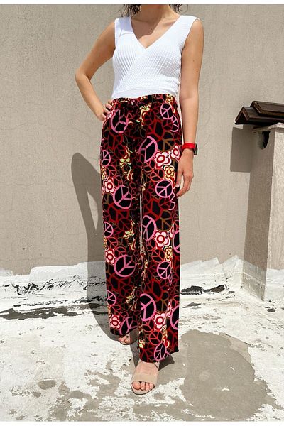 520CK Women's Viscose Fabric Wide Leg Patterned Summer Trousers