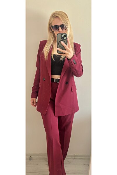 Garamak Kadın Bordo Blazer Ceket Palazzo Pantolon Takım Elbise