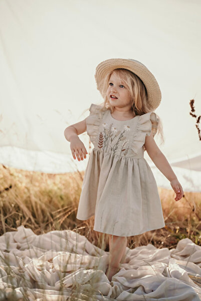 c.c.l. coccolin kids baby clup Kız Çocuk Organik Pamuk Keten Nakış Detaylı Içi Astarlı Elbise