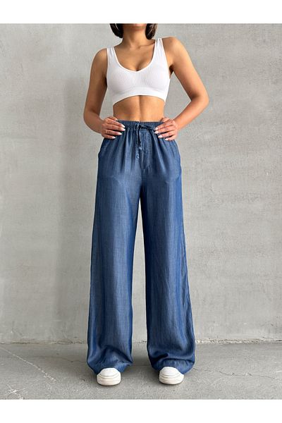 Miss Prova Waist Tied Detailed Double Pocket Blue Loose Denim Trousers Misspnt8985