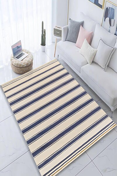 Markaev Krem Lacivert Desen Dijital Baskılı Kaymaz Zenit Halı ZNTKLM