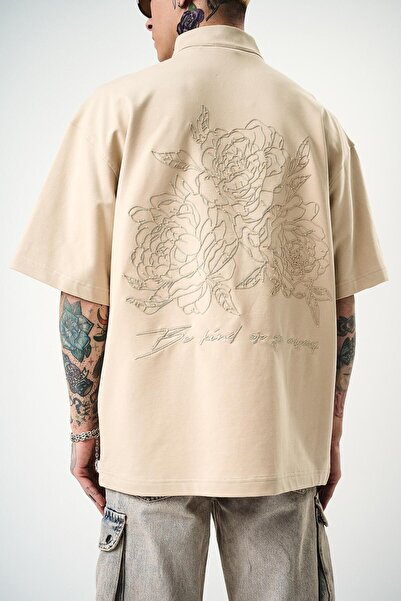 Respire Ανδρικό μπλουζάκι Be Kind με κέντημα με μισό φερμουάρ Oversize Μπεζ