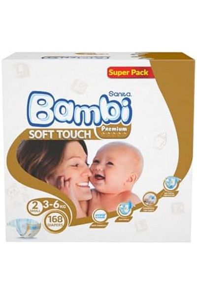 Sanita Bambi Premium Small Soft Baby Diapers, Size 2, 3-6 kg, Skin-Friendly, Wetness Indicator, 168