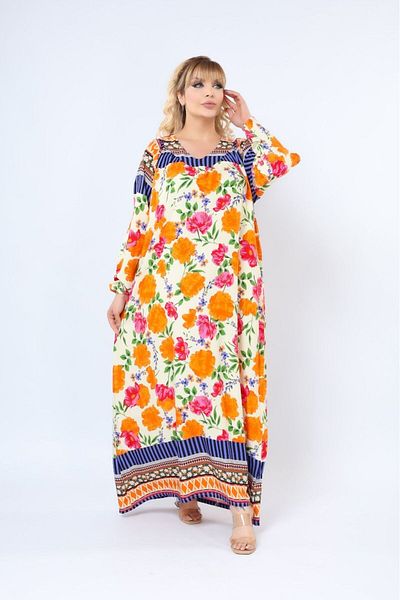 mervemoda Women's Plus Size Printed Summer Woven Long Sleeve Long Length Dress