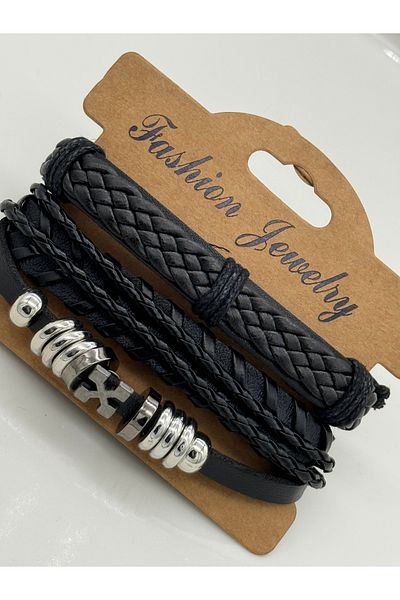 CT STONES Black Leather Multi Men's Bracelet Set
