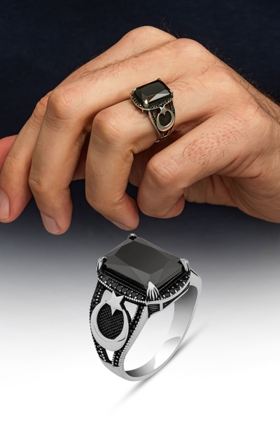 ALYANSEVİM Ayyıldız Desenli Siyah Taşlı 925 Gümüş Erkek Yüzük