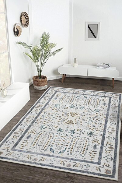 Markaev Krem Üstü Otantik ve Flamingo Desen Dijital Baskılı Kaymaz Zenit Halı ZNTKLM