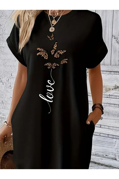 modaserdem Women Short Sleeve Crew Neck Pocket Butterfly Printed Viscose Summer Dress