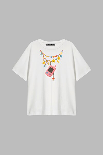 Bak Moda Ogrlica od slatkiša Štampano opuštenog kroja, bela ženska majica