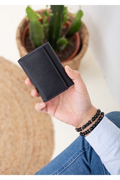 Niki Leather Унисекс джоб за карти Toa от естествена кожа, модел акордеон, с широко отделение, черен