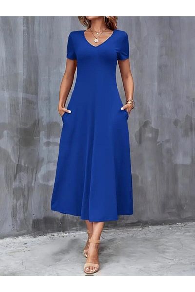 modaserdem Women's Short Sleeve V-Neck Viscose Dress with Pockets
