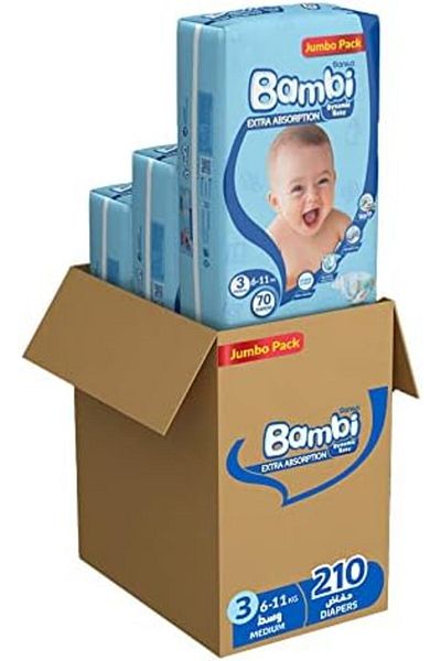 Sanita Bambi Baby Diapers, Size 3, 6-11 kg, Skin-Friendly with Hypoallergenic Inner layer, 210 count
