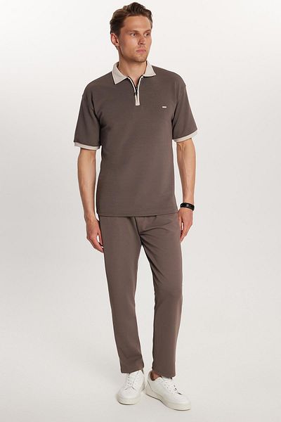 Tudors Men's Standard Fit Cotton Jacquard Zippered Polo Neck Waist Lace-Up Tan Tracksuit Set