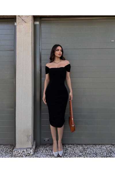 OlaLady Women's Low Sleeve Draped Gathered Sandy Fabric Midi Dress