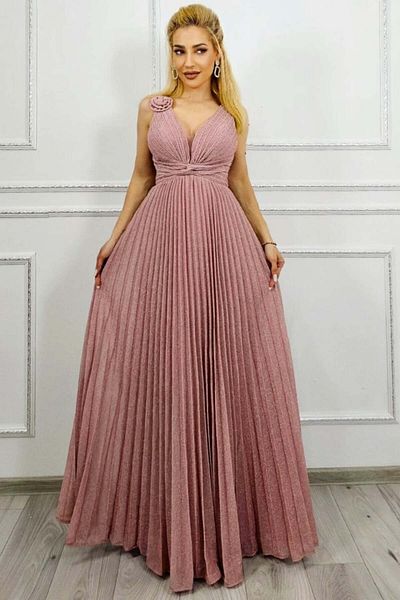 FashionForYou AZARIA long evening dress, with pleats and empire cut, Pink, L