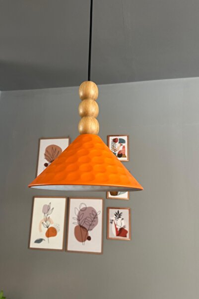 Bamyum Rumy Turuncu Tekli Avize Ahşap Üçlü Boncuk Başlık Sarkıt Ofis Showroom Salon Mutfak Avizeleri