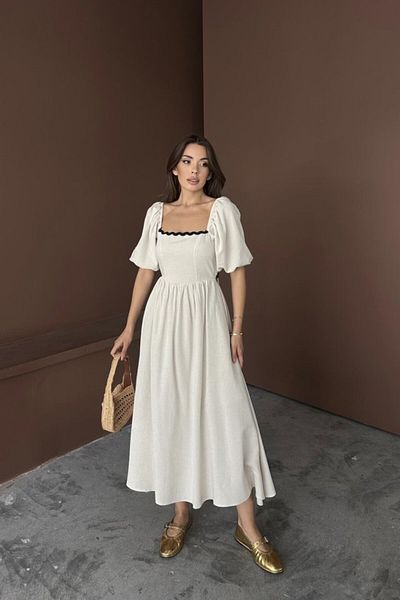 modaserdem Beige Back Tie Linen Dress