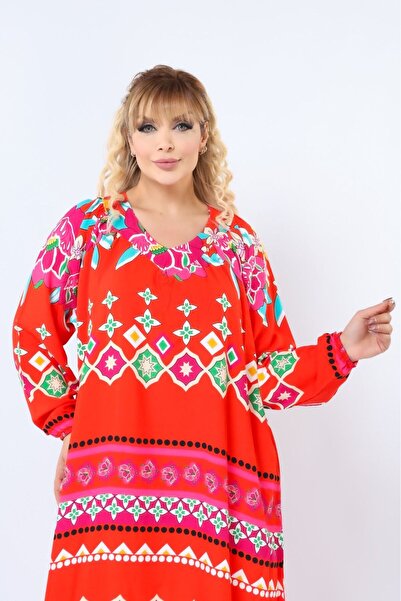 mervemoda Women's Plus Size Printed Summer Woven Long Sleeve Long Length Dress