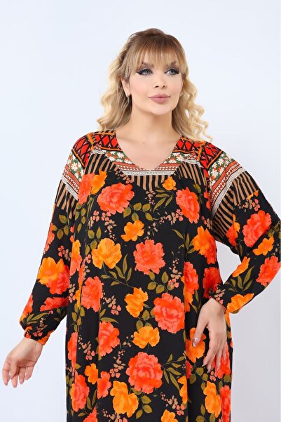 mervemoda Women's Large Size Patterned Summer Woven Long Sleeve Long Length Dress