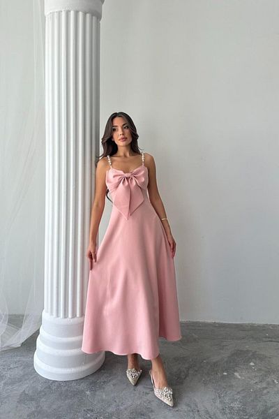 modaserdem Women's Pink Pearl Strap Detailed Night-Graduation-Wedding-Evening Dress
