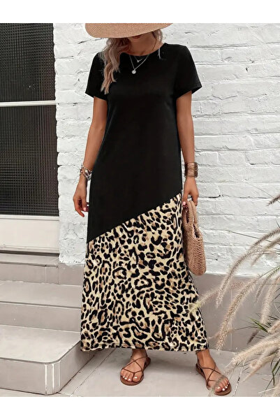 JANES Γυναικείο κοντομάνικο λαιμόκοψη Leopard Λεπτομερές μίντι φόρεμα με βισκόζη με κάτω μέρος