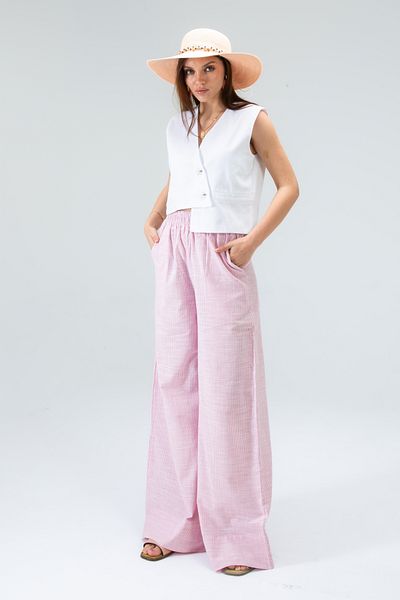 Tt Line Palazzo Pants Women Regular Side Pockets Cotton Linen Loose Wide Leg Elastic Waist Organic Yellow Blue Pink