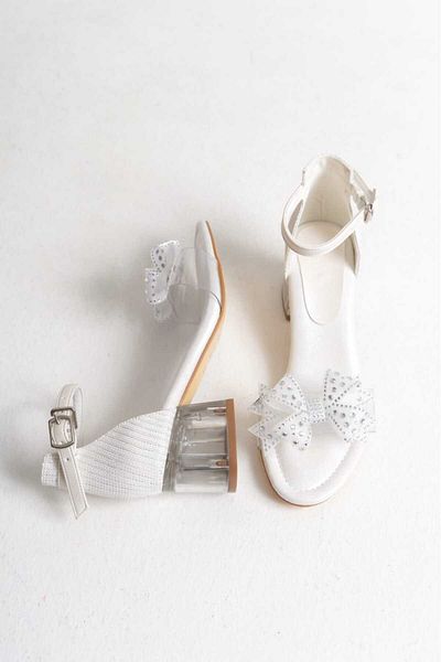 Papuccum Ortopedi Girl's Transparent Heeled Shoes with Stone and Ribbon Detail