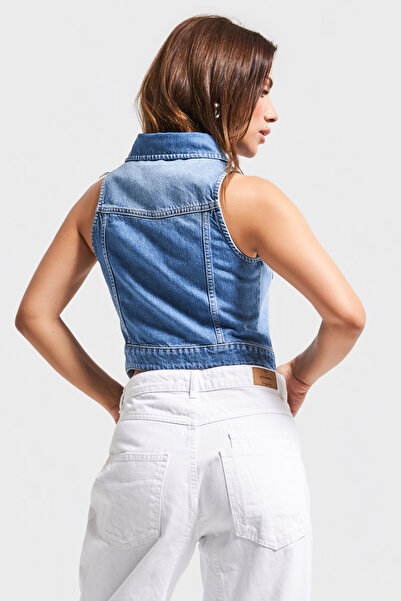 its basic Γυναικείο μπλε χρώμα 2s5-27 μηδενικό μανίκι με φερμουάρ 100% βαμβακερό τζιν γιλέκο