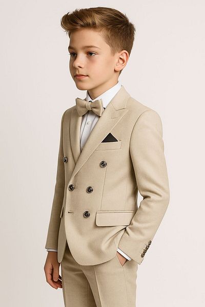 SIRRI Boys Classic Double Breasted Beige Suit - 4 Piece