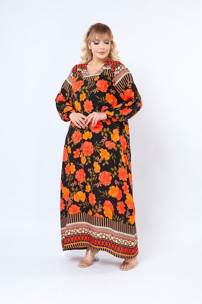 mervemoda Women's Large Size Patterned Summer Woven Long Sleeve Long Length Dress