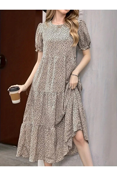 Viyamo Γυναικείο Μίνι Λεοπάρ Μίντι Φόρεμα τριών στρώσεων