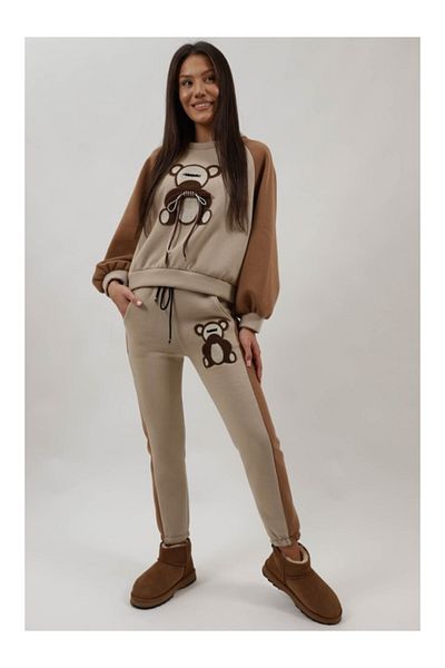 FASHIONLAND Teddy Bear Sweatshirt and Pants Set Xs-s Brown
