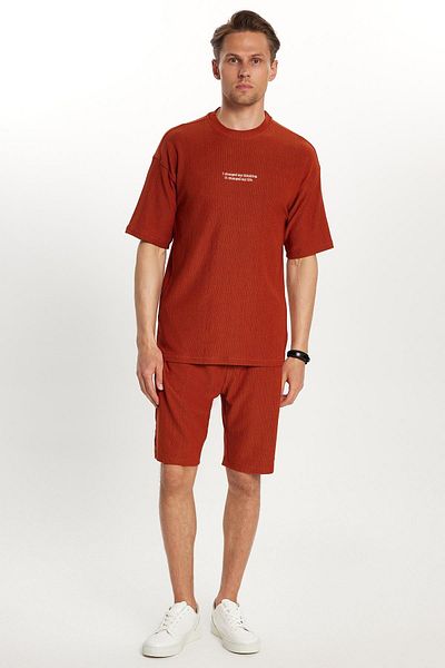 Tudors Men's Standard Fit Cotton Jacquard Printed Crew Neck Waist Lace up Tile Shorts Set